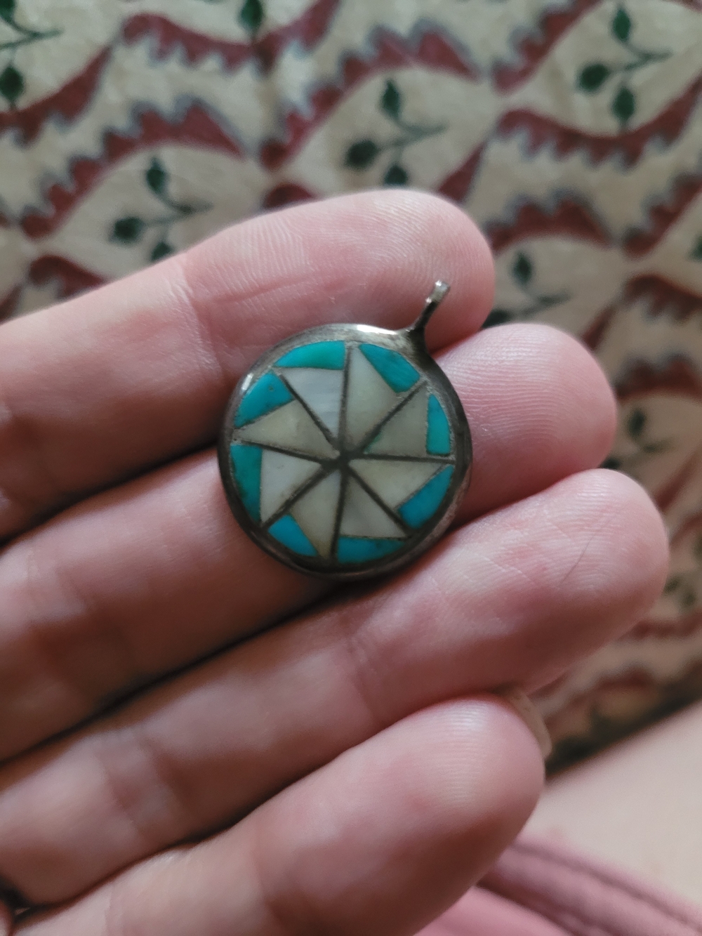 Vintage Native American Pinwheel Zuni Turquoise and Mother of Pearl Pendant